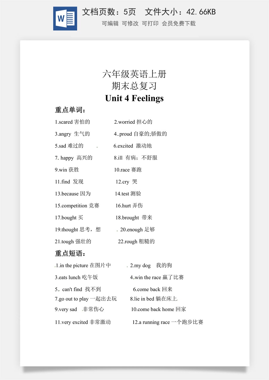 小学英语人教版一年级起点【期末复习】知识梳理+巩固练习 六年级英语上册Unit 4 Feelings 人教新起点（含答案）.docx